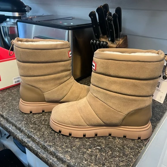 New Hunter Women’s Maribel Lug Sole Insulated Waterproof Snow Booties Boots Tan - Picture 10 of 15